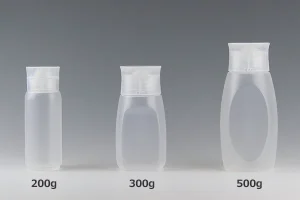 200g・300g・500gの3サイズの蜂蜜用逆止弁キャップボトル。PP製で、容量違いの比較が分かる画像。