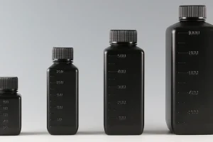 黒いキャップ付きの黒色PE角型ボトル4本が、容量別に並んだ比較画像